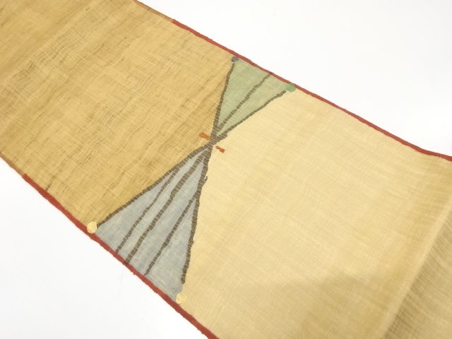 渡文製　手織り真綿紬　金通し　抽象模様織り出し　袋帯